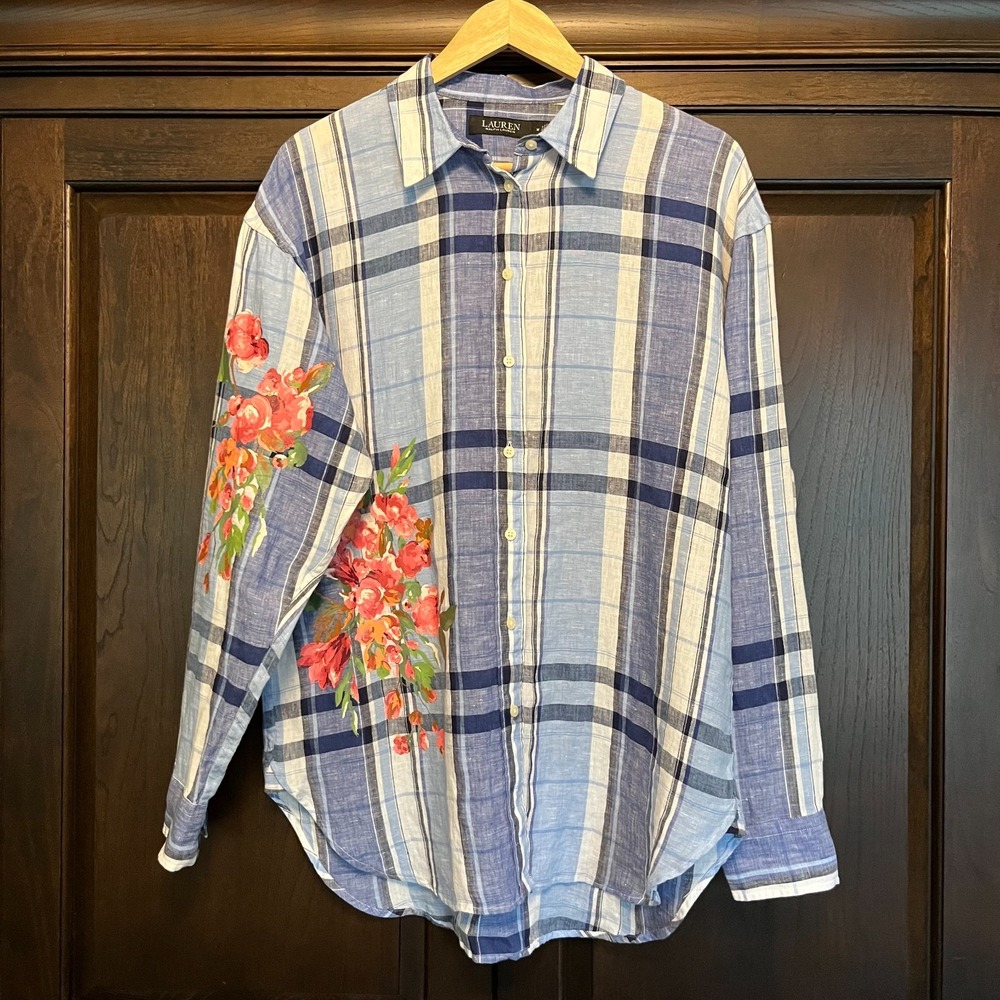 Lauren Ralph Lauren 100% Linen Button Down Shirt Printed Floral Womens Size M